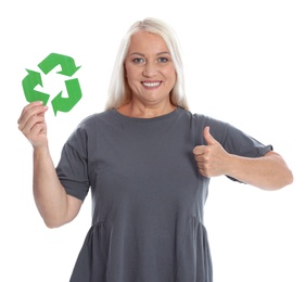 Woman with recycling symbol on white background