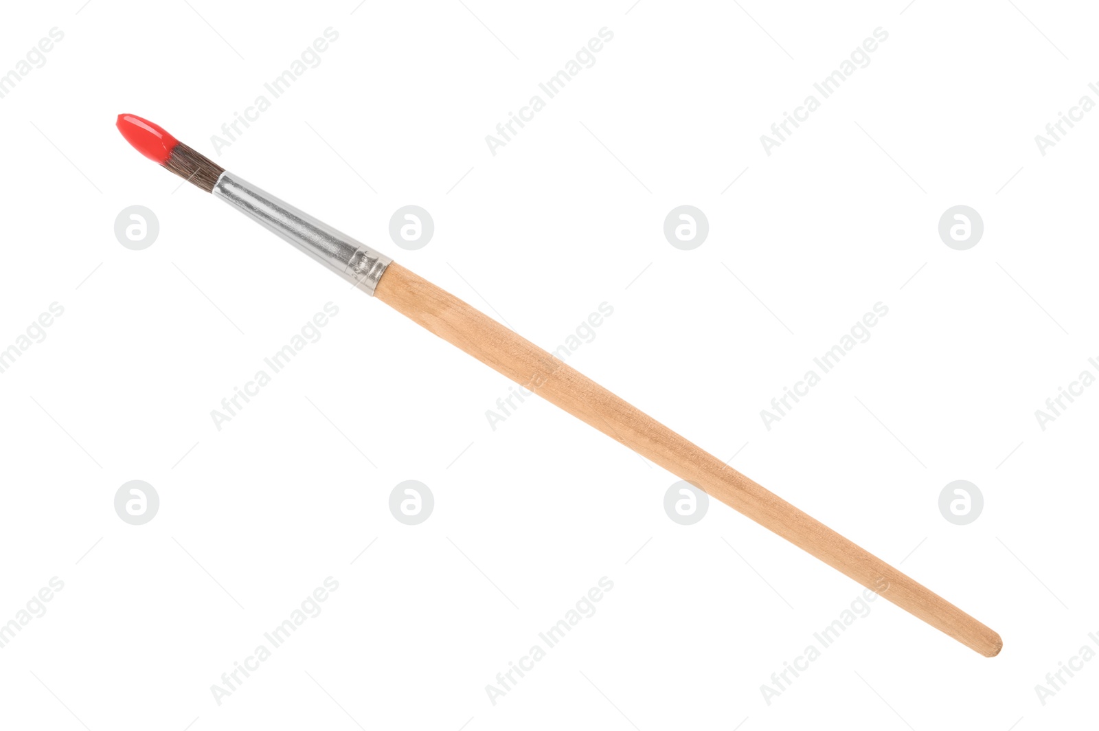 Photo of Brush with color paint on white background, top view