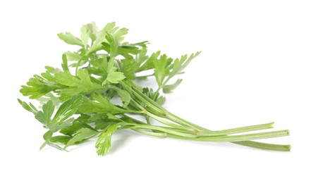 Photo of Sprigs of fresh green parsley leaves isolated on white