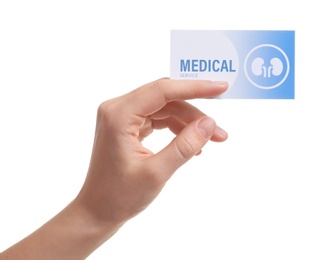 Photo of Woman holding medical business card isolated on white, closeup. Nephrology service