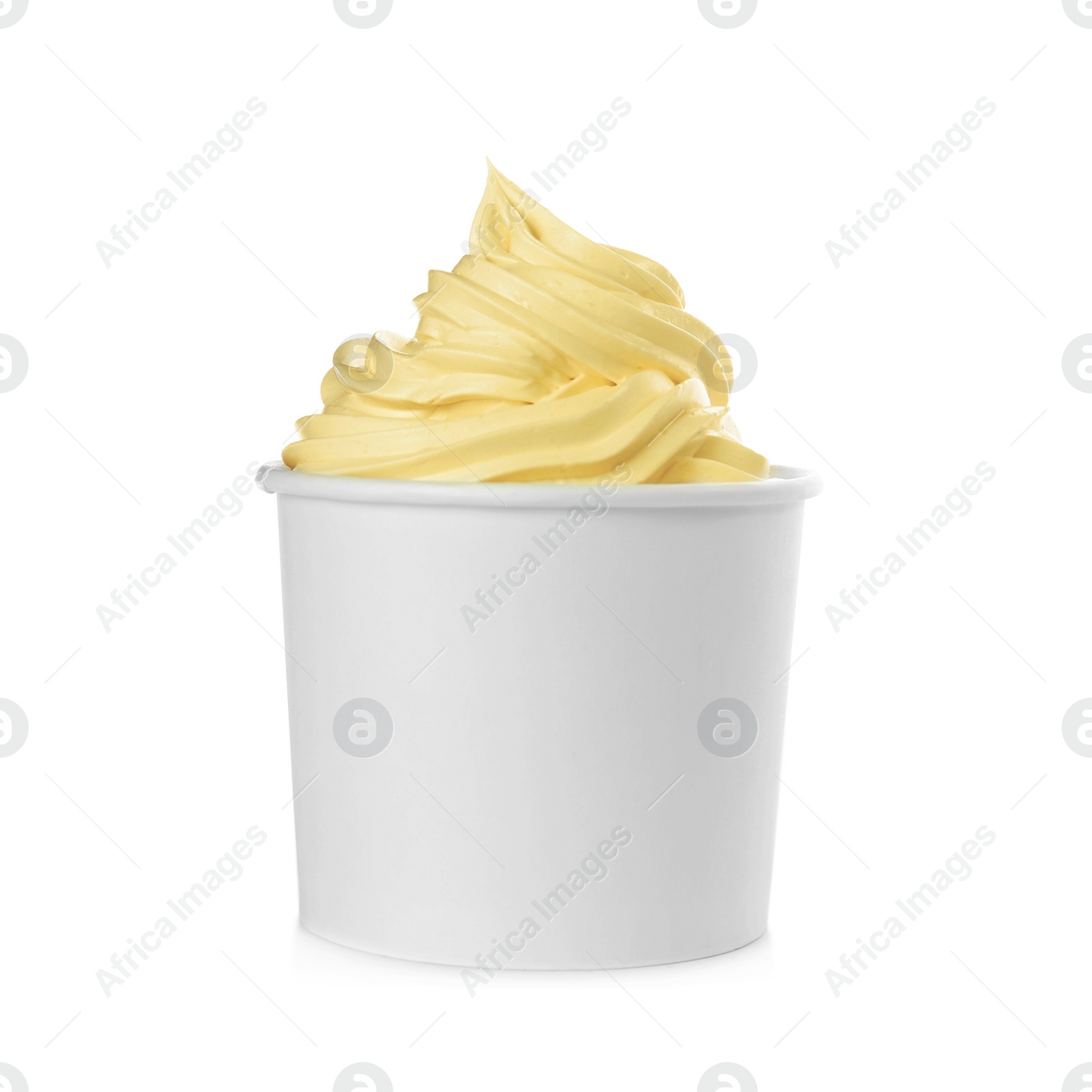 Photo of Cup with tasty frozen yogurt on white background