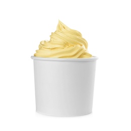 Cup with tasty frozen yogurt on white background