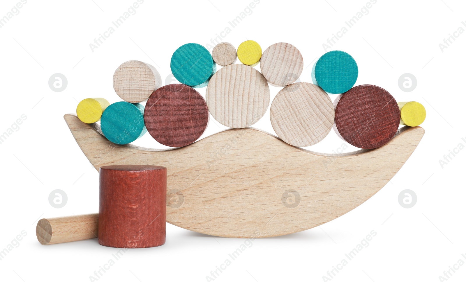 Photo of Wooden pieces for balance game isolated on white. Educational toy for motor skills development