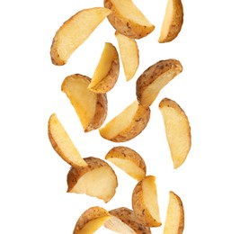 Tasty baked potatoes falling on white background