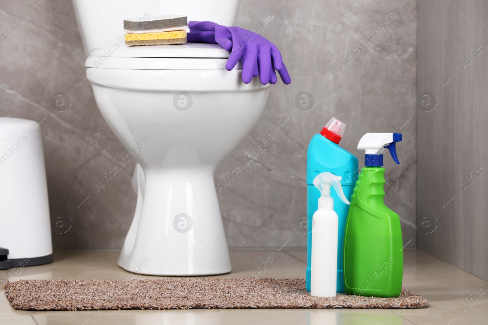 Photo of Different cleaning supplies and toilet bowl in bathroom