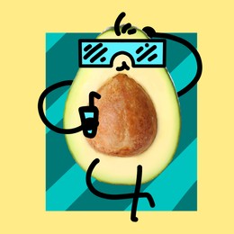Image of Creative artwork. Happy avocado with cocktail relaxing on towel. Fruit with drawings on pale yellow background