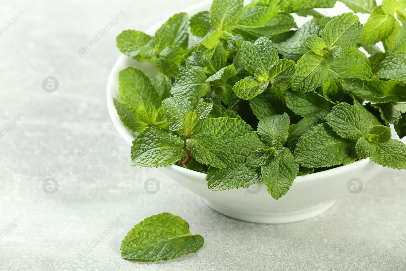 Photo of Bowl with fresh green mint leaves on grey table. Space for text