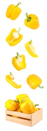 Cut and whole yellow bell peppers falling into wooden crate on white background