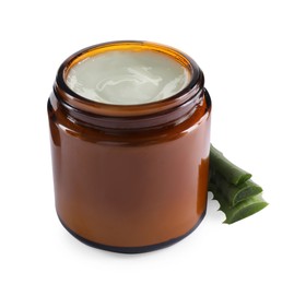 Photo of Jar of hand cream and aloe on white background