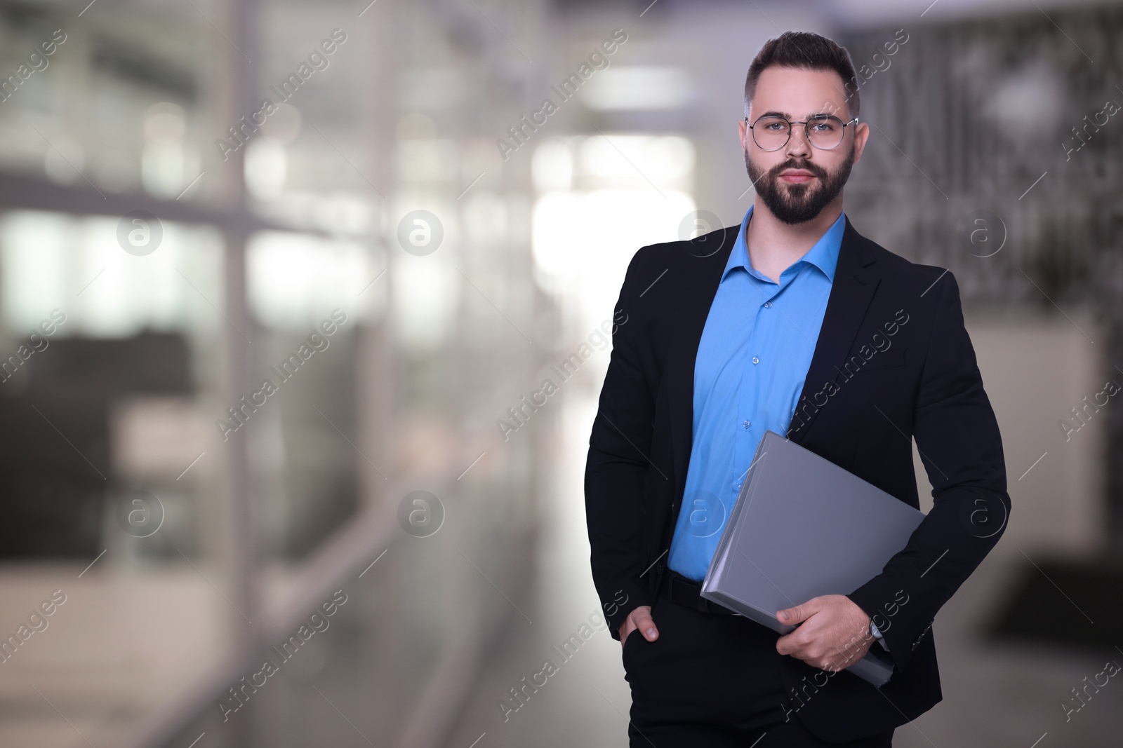 Image of Successful lawyer with laptop on blurred background, space for text