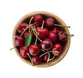 Tasty ripe sweet cherries in wooden bowl on white background, top view