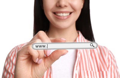 Woman using search bar on virtual screen, closeup