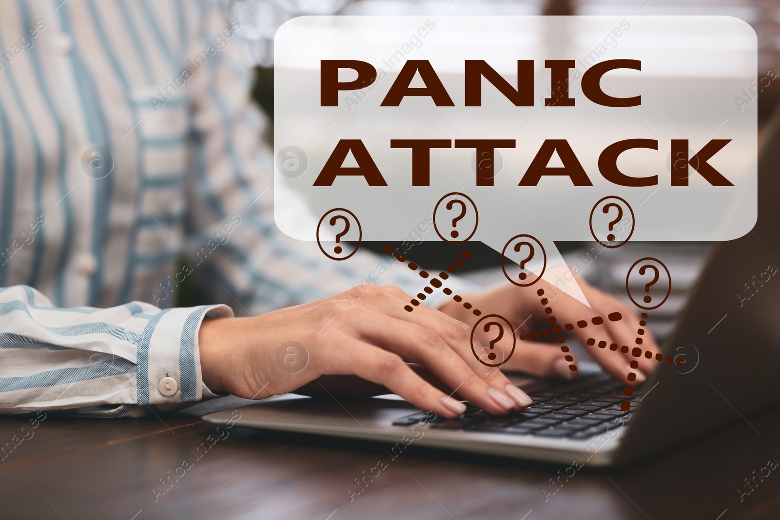 Image of Woman working with laptop, closeup. Use information safely to avoid panic attack