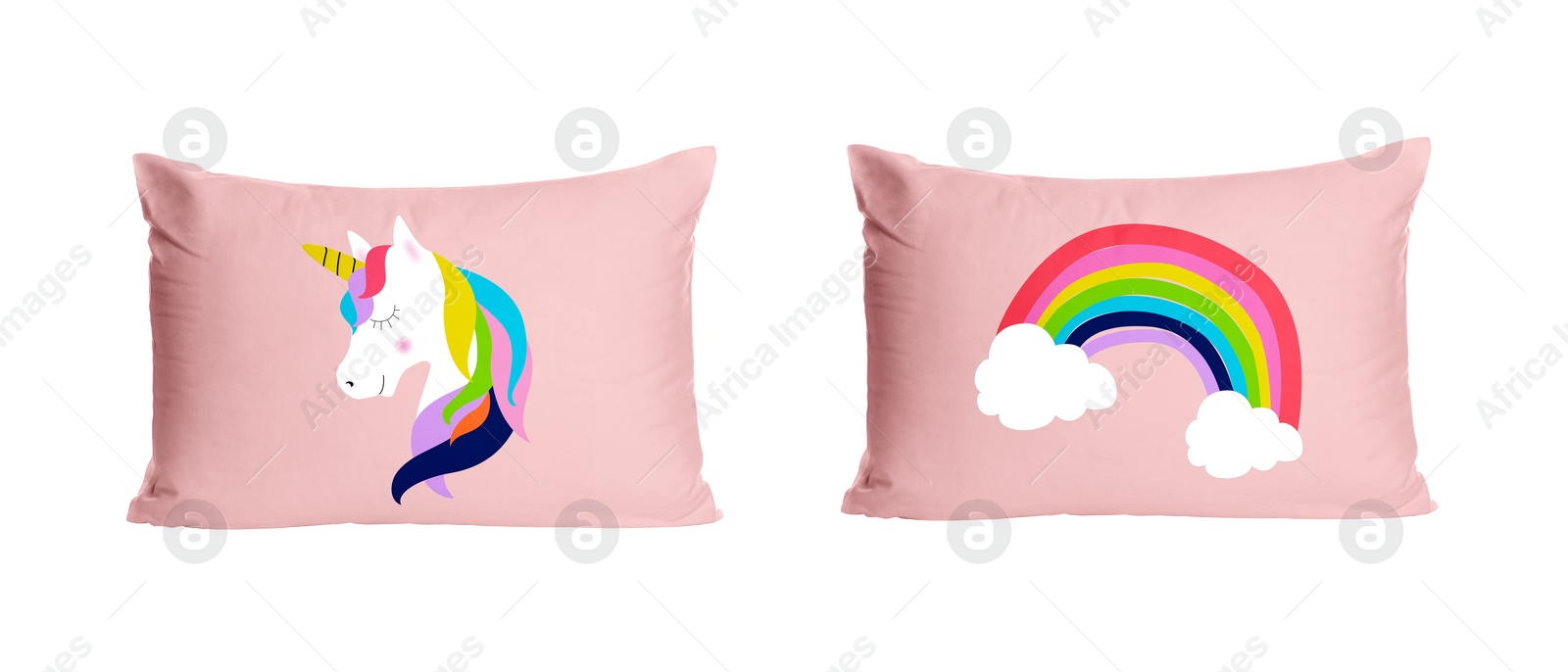 Image of Soft pillows with cute prints isolated on white