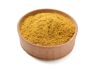 Photo of Aromatic turmeric powder in wooden bowl on white background