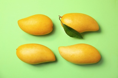 Flat lay composition with mango fruits on color background