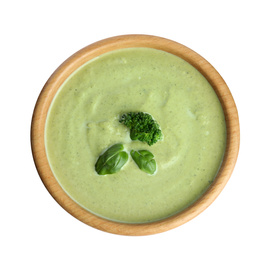 Delicious broccoli cream soup isolated on white, top view