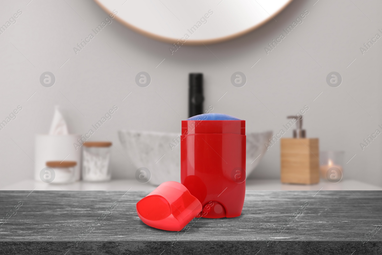 Image of Solid deodorant on grey table in bathroom. Mockup for design