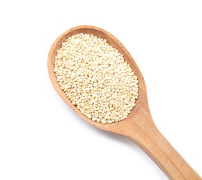 Spoon with raw quinoa on white background, top view. Space for text