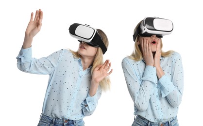 Image of Young woman using virtual reality headset on white background, collage 