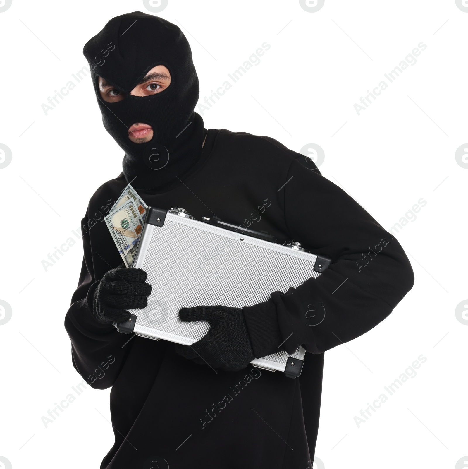 Photo of Thief in balaclava with briefcase of money on white background