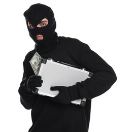 Thief in balaclava with briefcase of money on white background