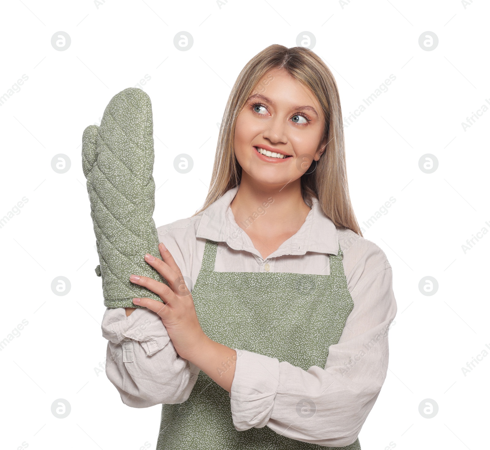 Photo of Beautiful young woman in clean apron with pattern and oven glove on white background