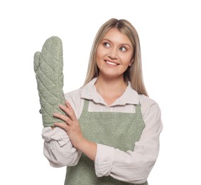 Beautiful young woman in clean apron with pattern and oven glove on white background