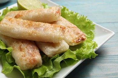 Photo of Delicious fried spring rolls on light blue wooden table, closeup