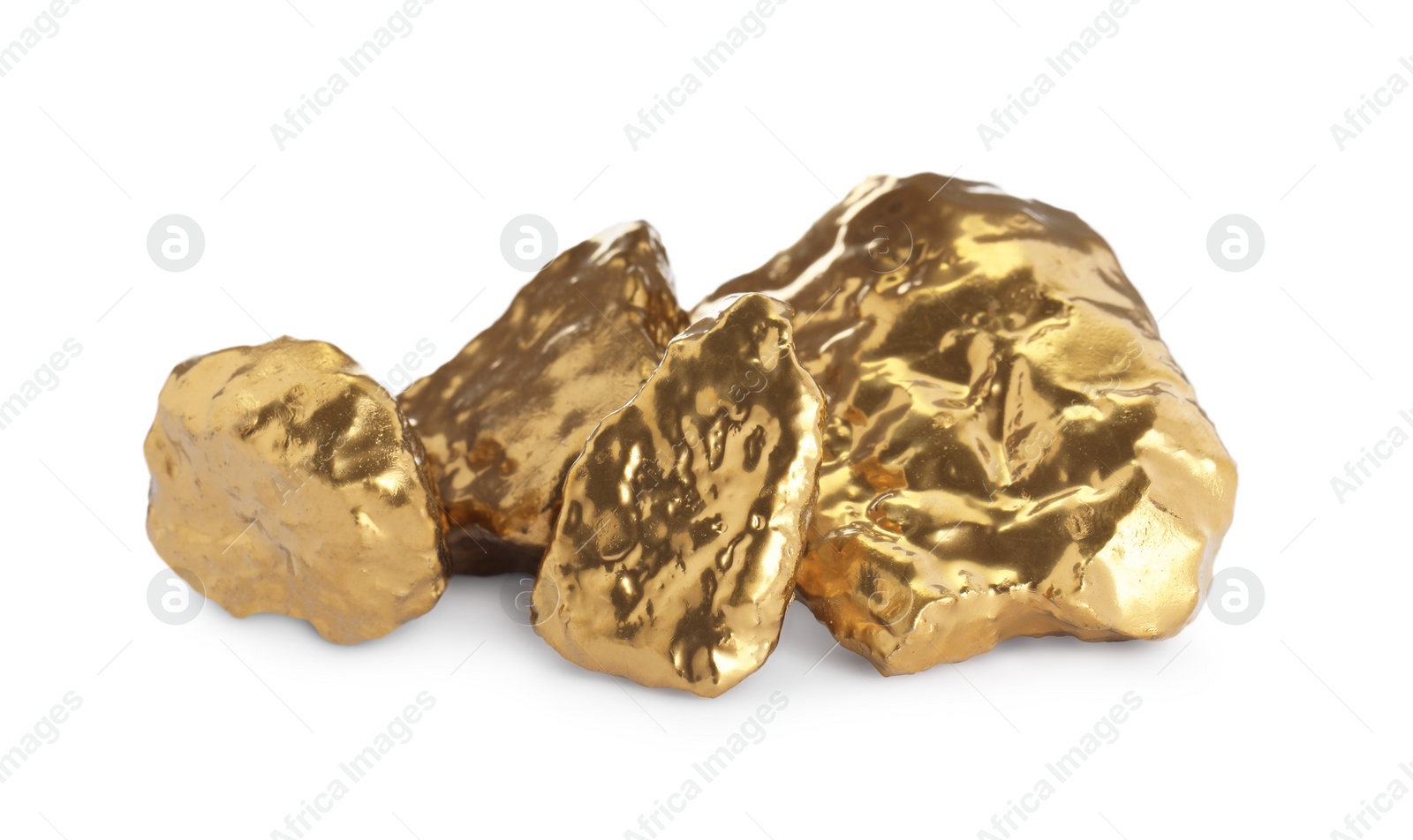 Photo of Pile of shiny gold nuggets on white background