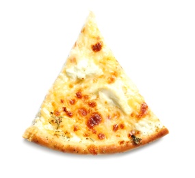 Slice of tasty cheese pizza on white background