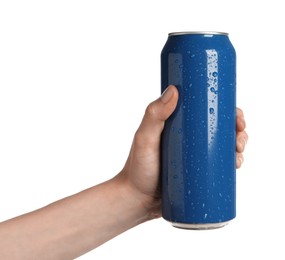 Woman holding blue aluminum can on white background, closeup