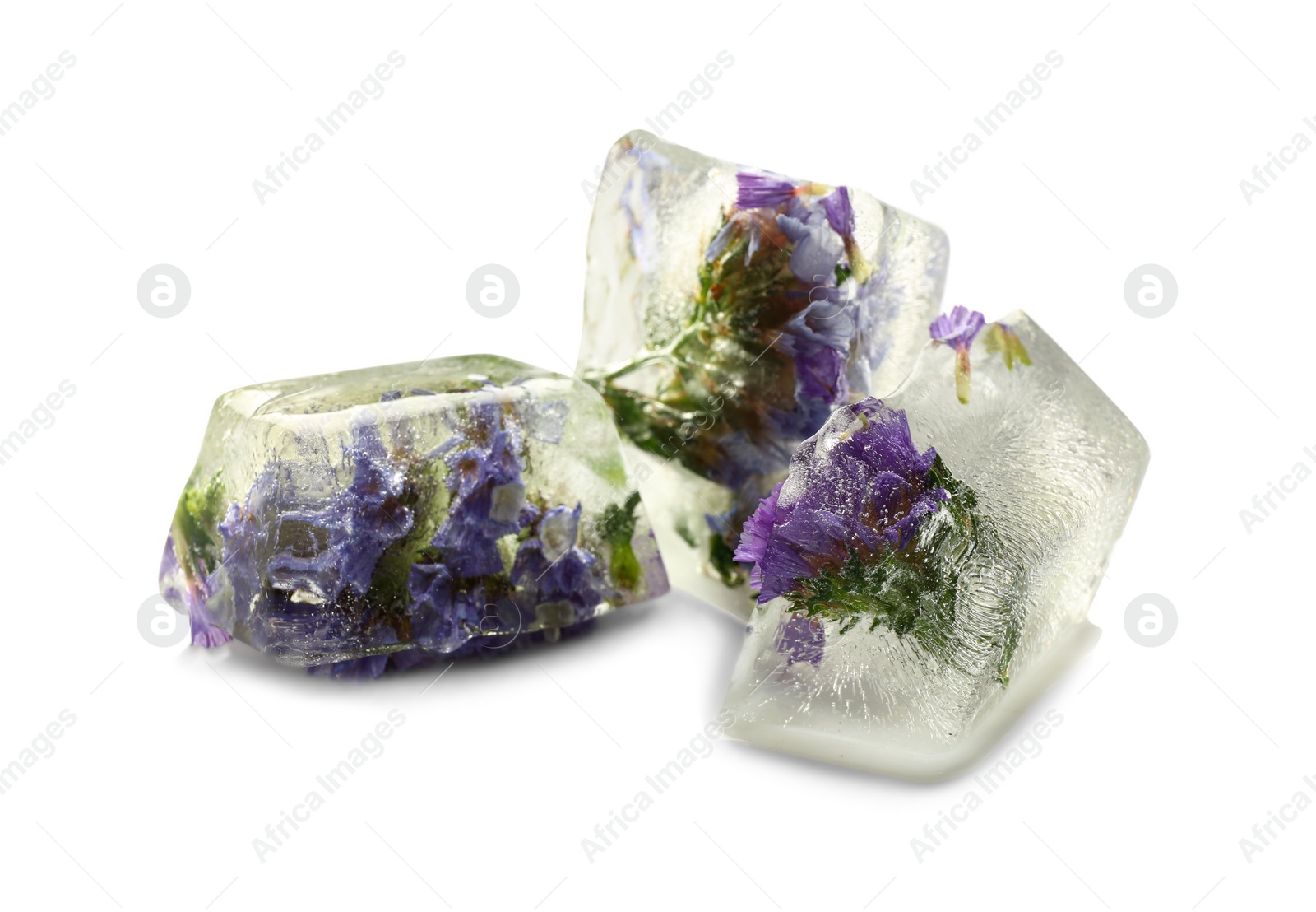 Image of Ice cubes with flowers on white background