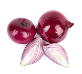 Fresh whole and cut red onions on white background, top view