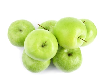 Pile of fresh ripe green apples on white background, top view