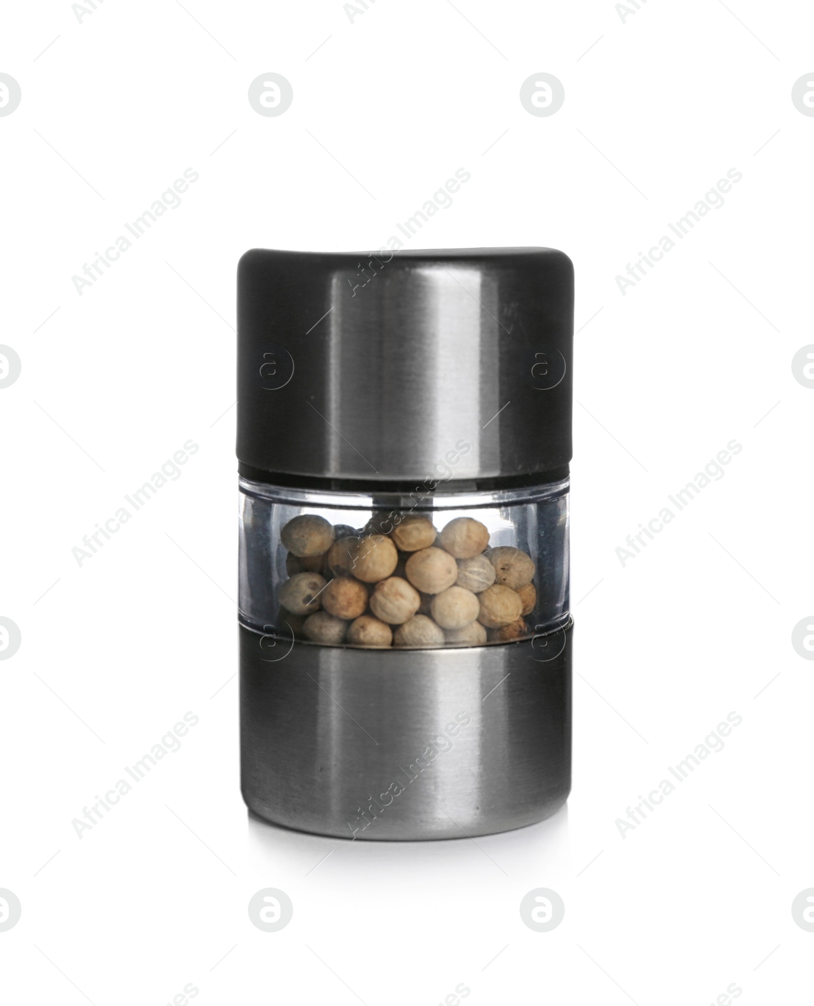 Photo of Manual grinder with peppercorns on white background