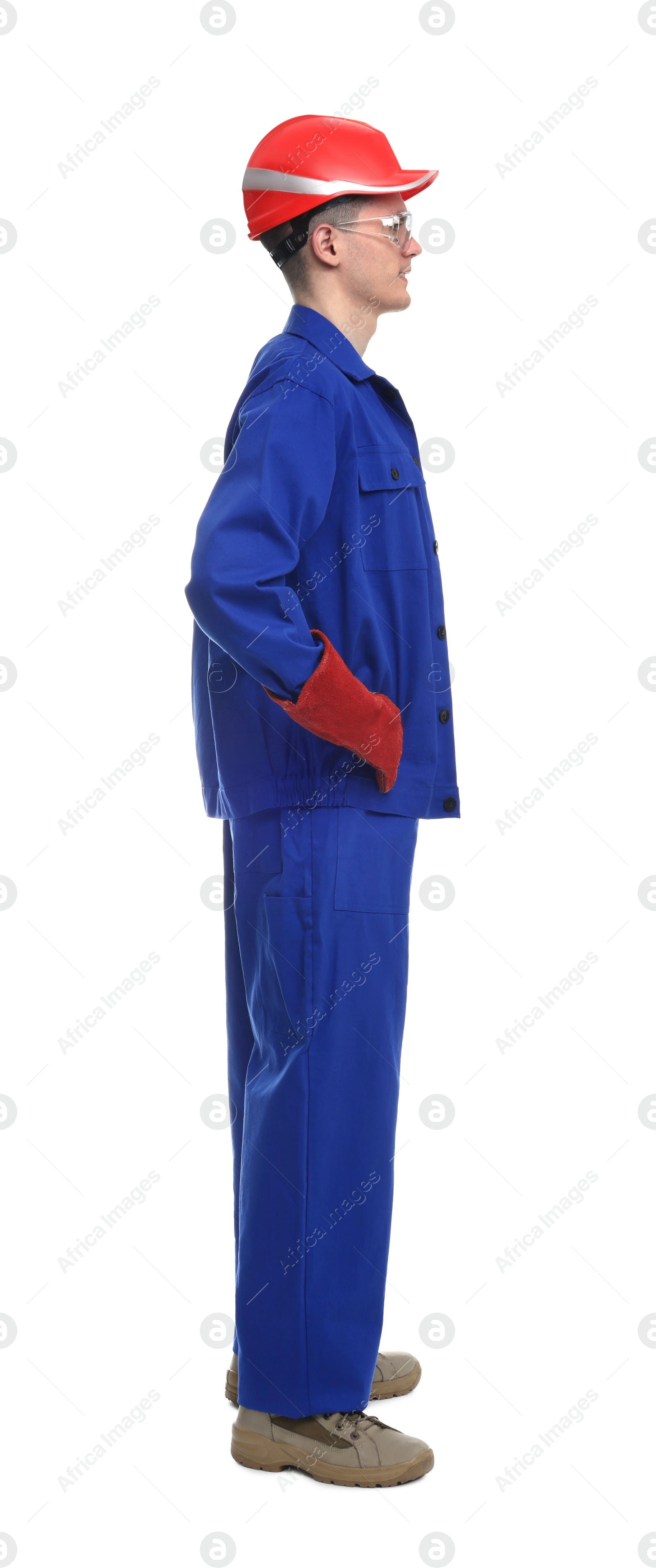 Photo of Young man wearing safety equipment on white background