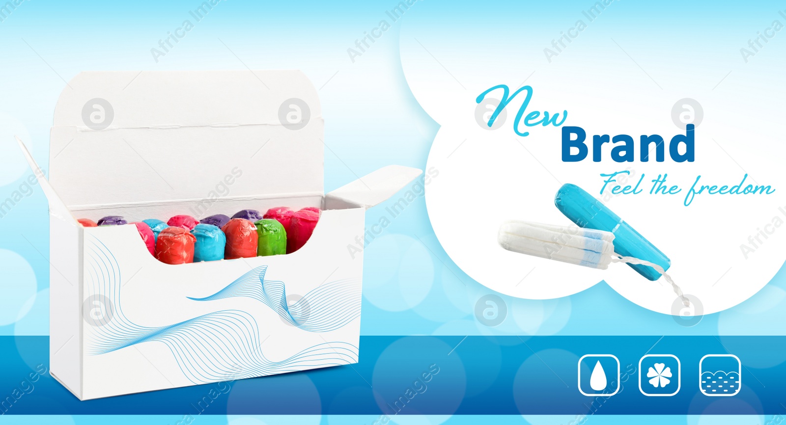 Image of Tampons in package on color background, banner design. Mockup for your brand 