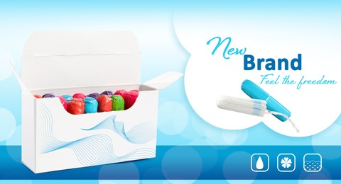 Image of Tampons in package on color background, banner design. Mockup for your brand 