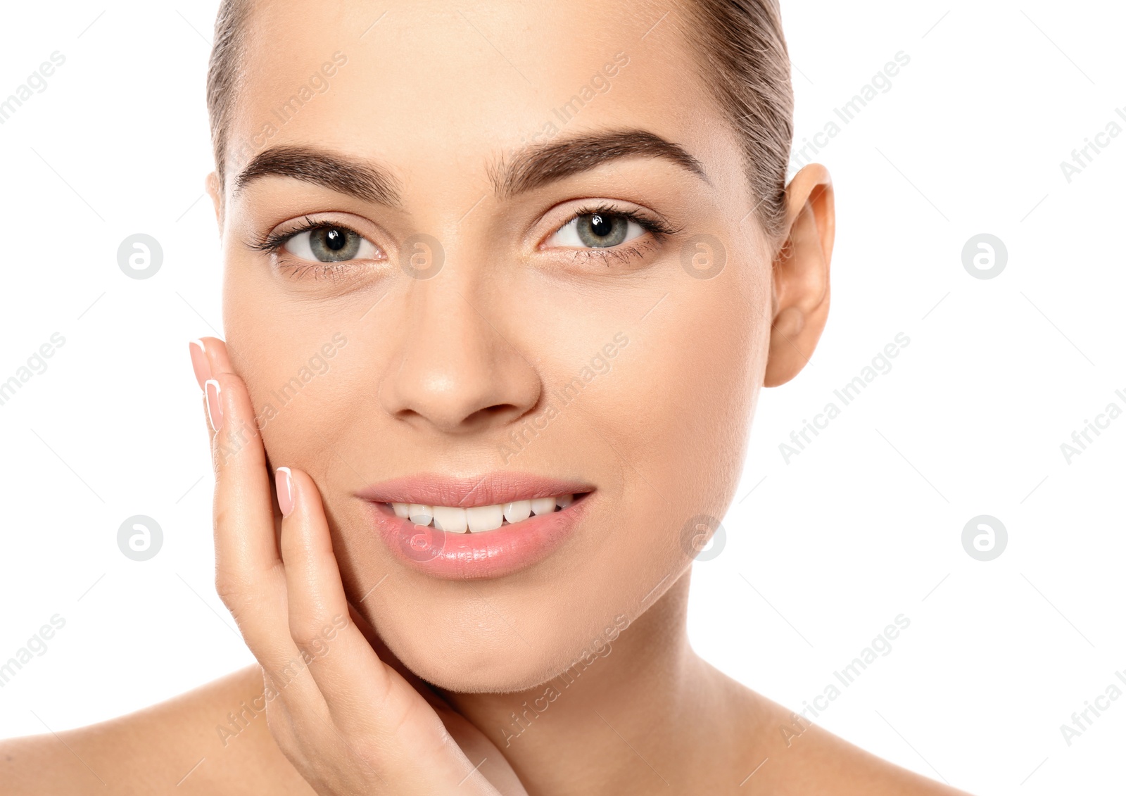 Photo of Portrait of beautiful young woman on white background. Lips contouring, skin care and cosmetic surgery concept