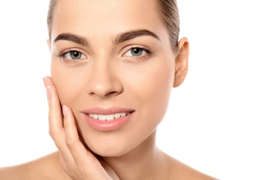 Portrait of beautiful young woman on white background. Lips contouring, skin care and cosmetic surgery concept