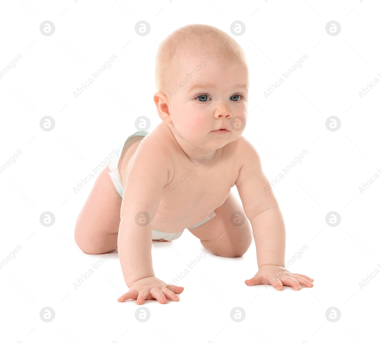 Photo of Cute little baby crawling on white background