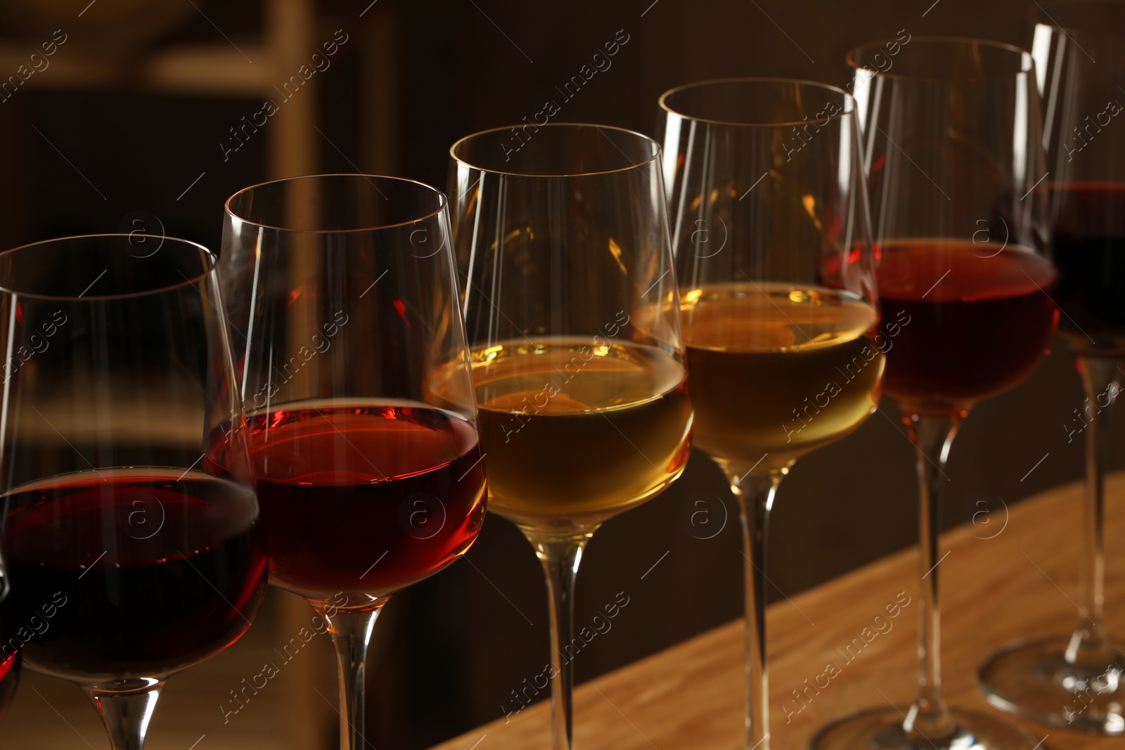 Photo of Glasses of different wines in cellar, closeup. Expensive collection