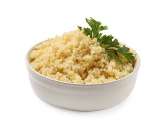 Photo of Delicious bulgur with parsley in bowl isolated on white