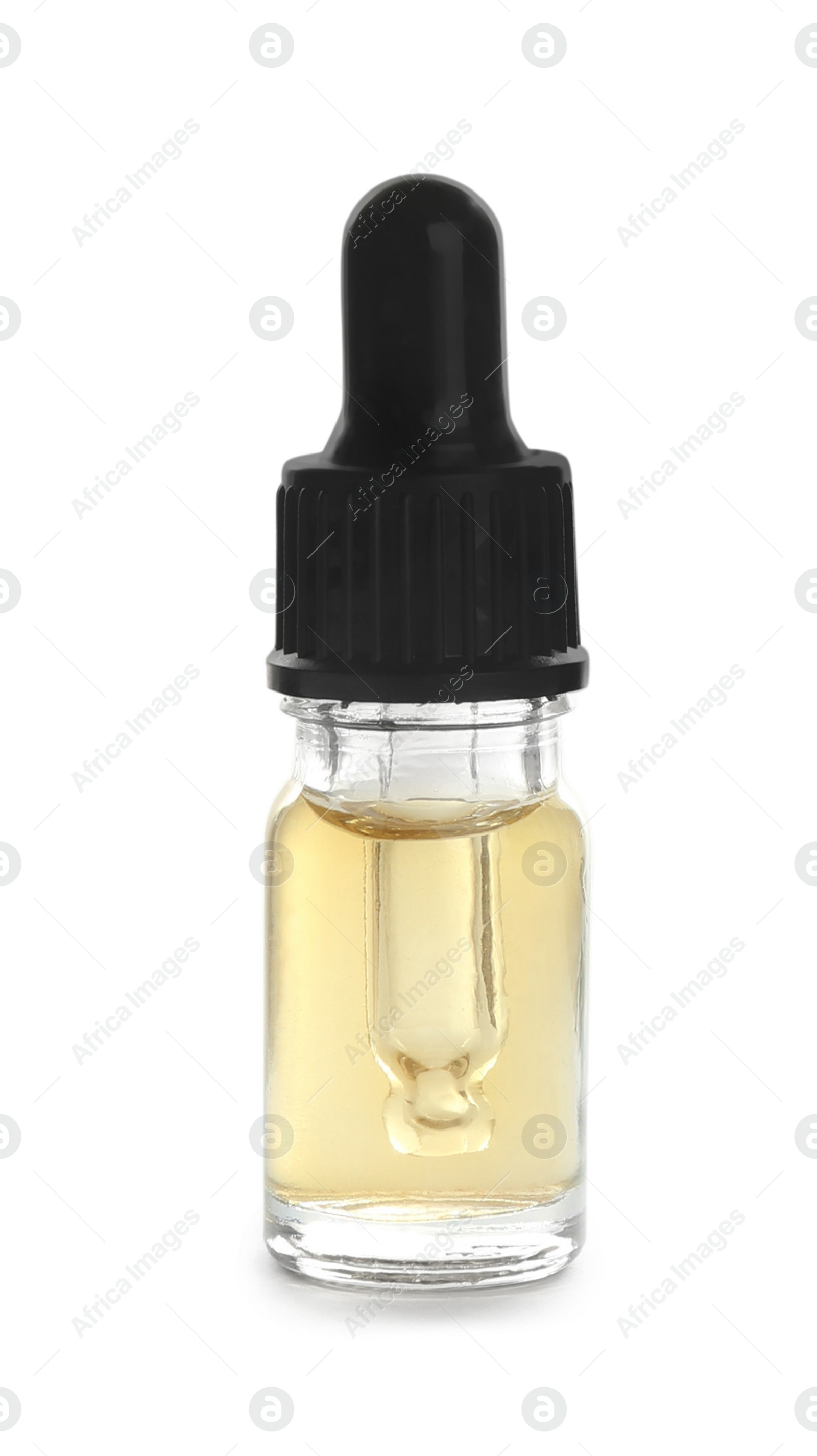 Photo of Little glass bottle with essential oil on white background