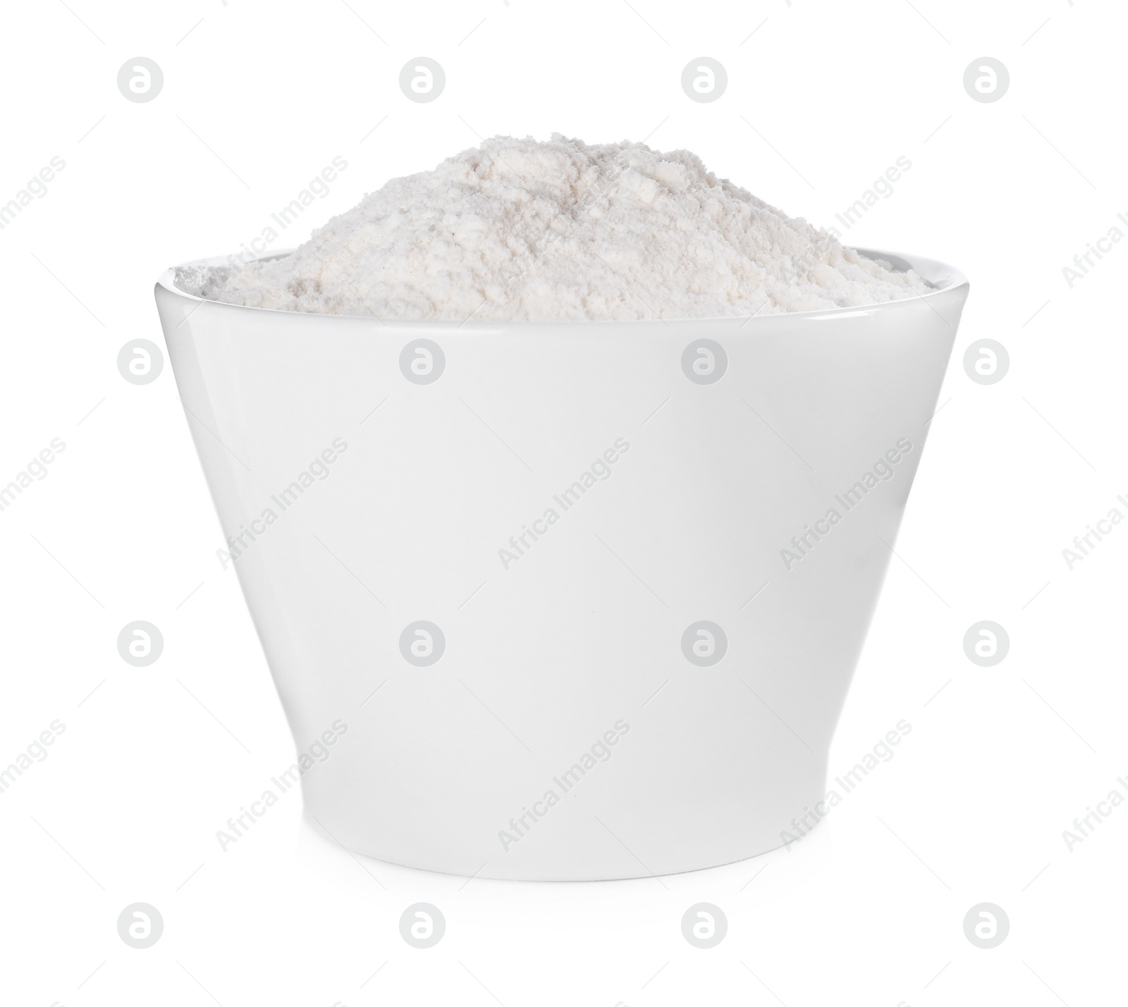 Photo of Organic flour in ceramic bowl isolated on white.