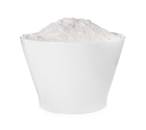 Photo of Organic flour in ceramic bowl isolated on white.