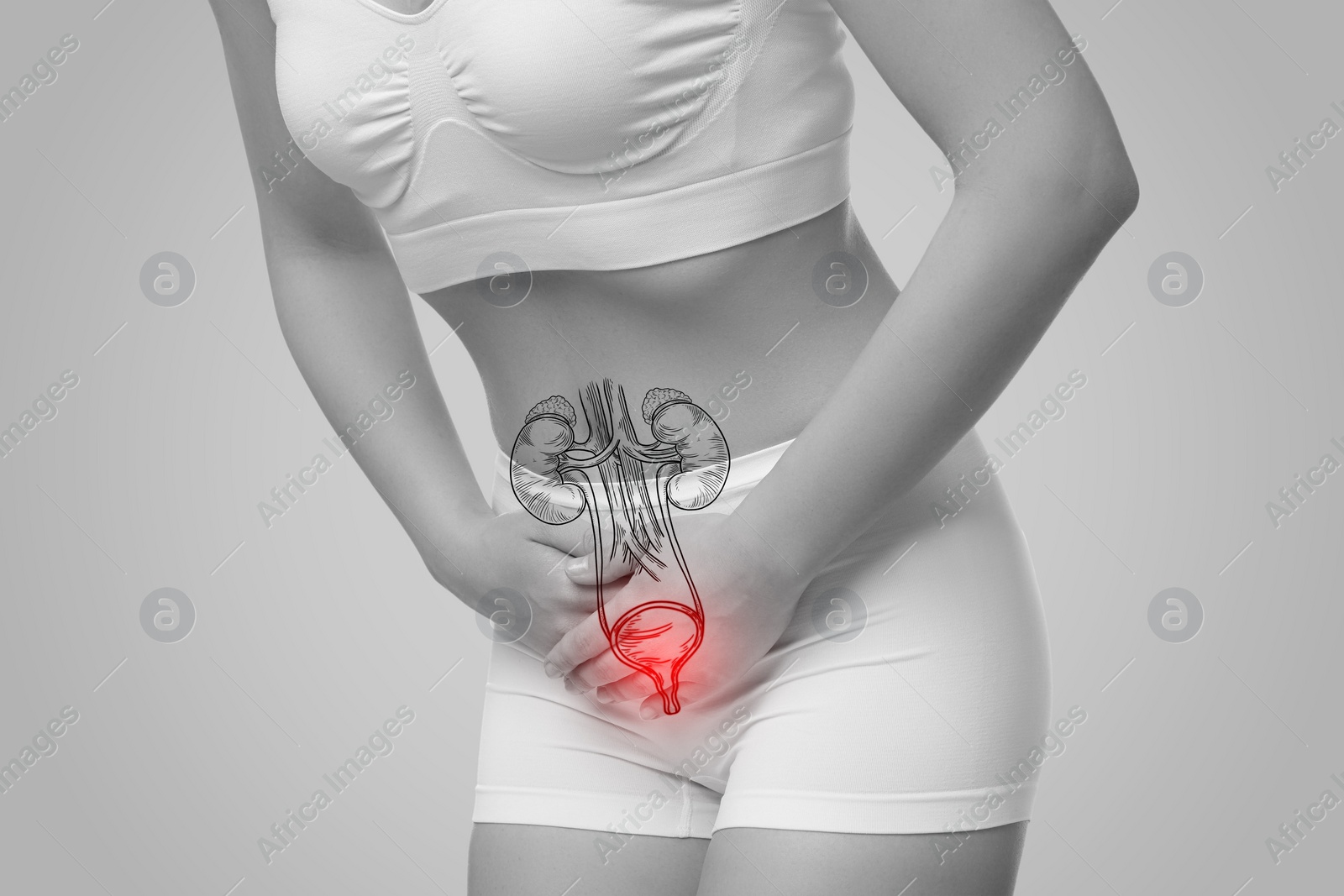 Image of Woman suffering from cystitis on light grey background, closeup. Illustration of urinary system