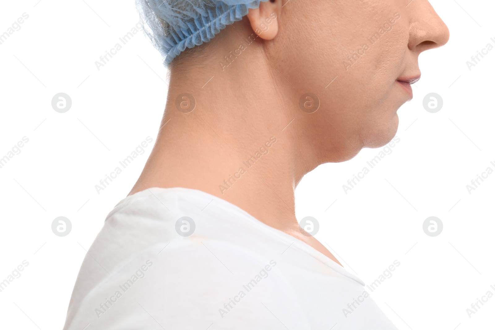 Photo of Mature woman with double chin on white background, closeup