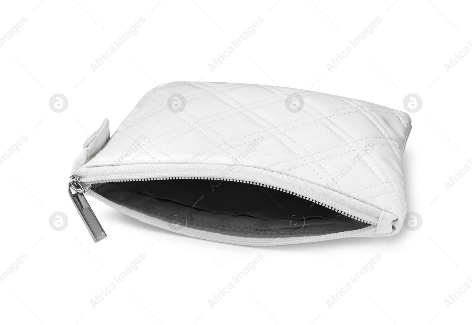 Photo of Empty elegant cosmetic bag isolated on white